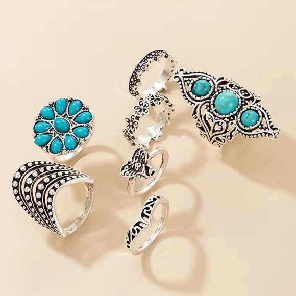 Boho Turquoise Silver Elephant Ring Set 7pc - Picture 3 of 5